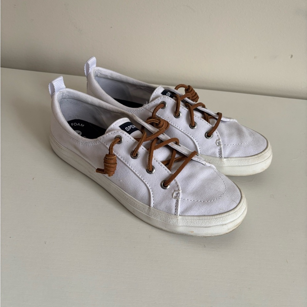 Sperry White Canvas Low-Top Sneakers with Brown Leather Laces